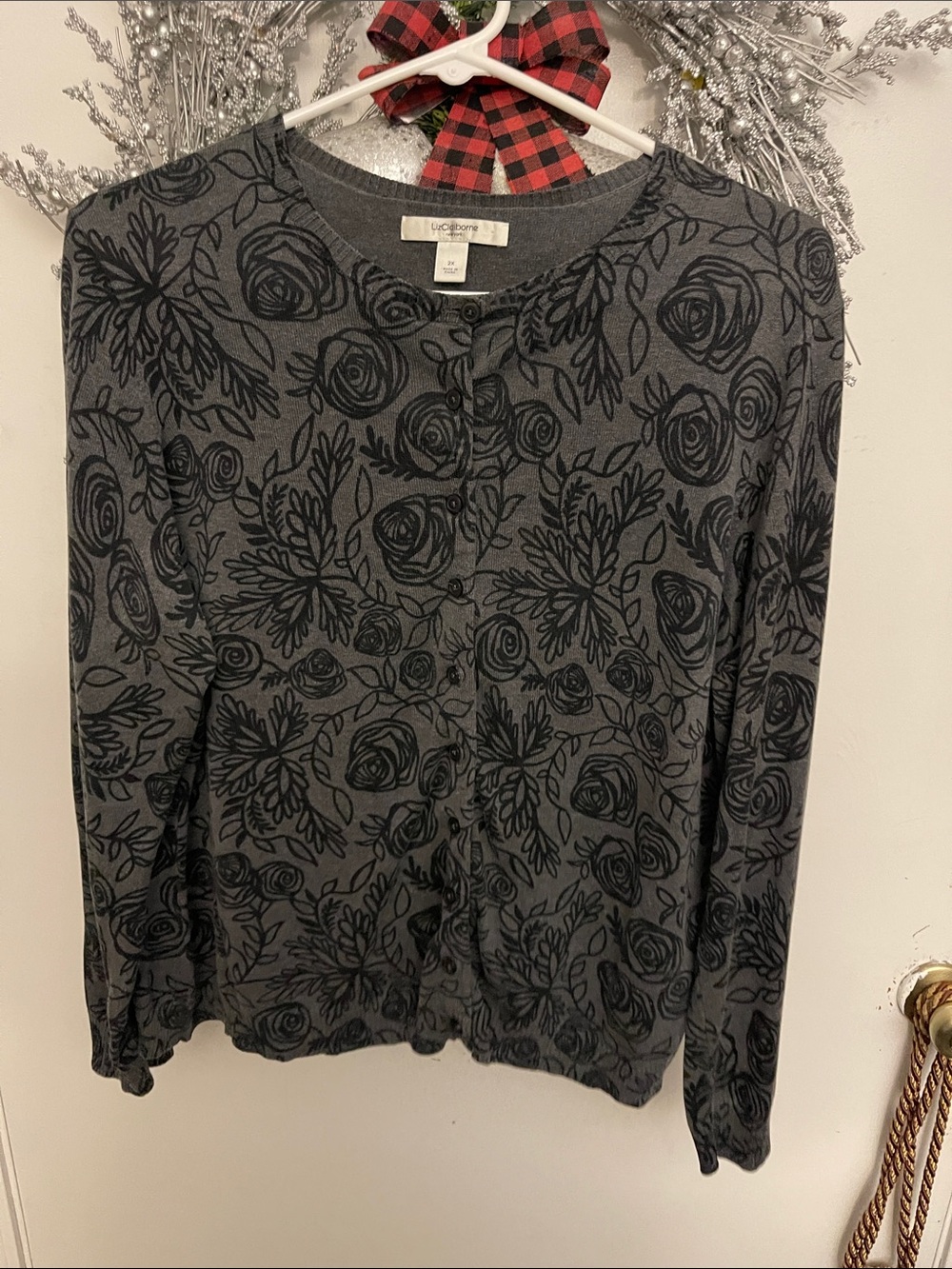 Liz Claiborne Gray Floral Button-Front Cardigan